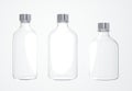 Three different cosmetic bottles on white background 3D render, clear glass care product jars with metal caps isolated