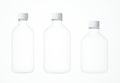 Three different cosmetic bottles on white background 3D render, clear glass care product jars with plastic caps isolated