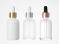 Three different cosmetic serum dropper bottles 3D render, care product packaging