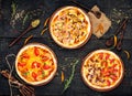 Three different delicious italian pizzas Royalty Free Stock Photo