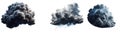 three different depictions of dark, stormy clouds isolated on transparent and white background Royalty Free Stock Photo