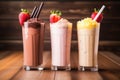 three different flavored milkshakes on a table chocolate, vanilla, strawberry