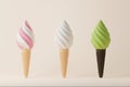 Three different flavors of soft serve and cone, elements for ice cream shop and summer season. Royalty Free Stock Photo