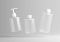 Three different frosted glass cosmetic product floating bottles set template on gray background 3D render