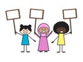 Three different girls with signs. Vector.