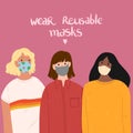 Three different girls wearing reusable masks on a bright pink background