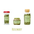 Three different glass bottles with dried rosemary