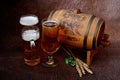 Three different glasses with light beer, a wooden keg, ears of hops and fruits of hops on a wooden table Royalty Free Stock Photo