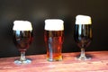 Three different glasses with three different dark beers, ale, stout and bock, are placed in a row on a wooden table Royalty Free Stock Photo