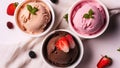 Three Different Ice Cream Dessert in Cup. Top Down View. Brown White and Pink Gelato Color Mix. Variety Flavors Set of Soft Frozen Royalty Free Stock Photo