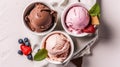 Three Different Ice Cream Dessert in Cup. Top Down View. Brown White and Pink Gelato Color Mix. Variety Flavors Set of Soft Frozen Royalty Free Stock Photo