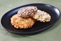 Japanese Sembei, Rice Cracker on Lacquered Plate. Royalty Free Stock Photo