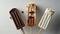 three different kinds of ice cream on sticks with chocolate on top Royalty Free Stock Photo