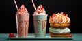 Three different milkshakes and donuts sit on a plate, AI