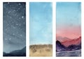 Three different nature watercolor landscapes: at night, at the morning, and midday