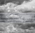 Three different panoramas of cloudy gray sky.