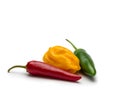 Three different peppers isolated on white background Royalty Free Stock Photo