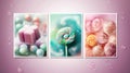 three different pictures of candy and lollipops on a pink background with water droplets on the bottom and bottom of the pictures Royalty Free Stock Photo