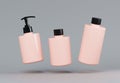 Three different pink plastic cosmetic product floating bottles set template on gray background 3D render