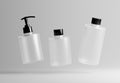 Three different plastic cosmetic product floating bottles set template on gray background 3D render