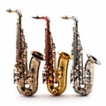 Three different saxophones isolated on white, beautiful background