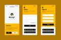 Three different screens of a mobile app with a yellow background