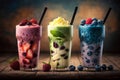 Three different smoothies with strawberries, blueberries, raspberries, cherries and mint on wooden background