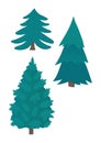 Three different styles of evergreen trees, pine forest elements, stylized Christmas trees. Nature, season, winter trees Royalty Free Stock Photo