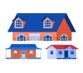 Three different styles of houses, colorful suburban homes, front view. Residential real estate, various architecture