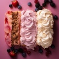 three different types of ice cream on a pink background