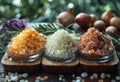Three different types of salts in glass bowls on wooden table Royalty Free Stock Photo