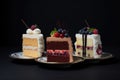 Three different types of sliced gourmet cakes garnished with fresh berries on elegant plates Royalty Free Stock Photo