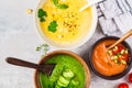 Three different vegetable cream soups in bowls on gray background. Corn, cucumber and gazpacho soups Royalty Free Stock Photo