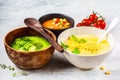 Three different vegetable cream soups in bowls on gray background. Corn, cucumber and gazpacho soups Royalty Free Stock Photo