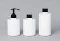 Three different white cosmetic product bottles set template on gray background 3D render Royalty Free Stock Photo