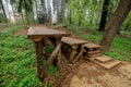 Three differently sized jumps at a bike park. Skills poligon or track in a forest, for a fresh mountainbiker to learn jumping from