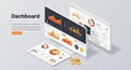 Three digital dashboard interfaces display various data visualizations. The screens Royalty Free Stock Photo