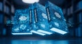 Three Digital Futuristic Books Floating in a Library with Glowing Blue Data Interfaces and Circuitry Royalty Free Stock Photo