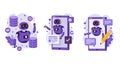 Three digital illustrations feature a friendly robot interacting with mobile devices generated
