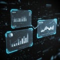 Three digital screens display data visualizations against a dark background. Each Royalty Free Stock Photo