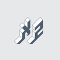 Three-dimension letter X and number 2. Isometric 3d font for design. XZ or X2 - monogram or logotype. Volume alphabet