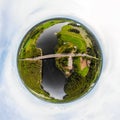 A three dimensional aerial panoramic view of rapid Susikoski at river Kymijoki, Finland, in a mini planet panorama style