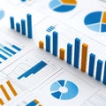 Three-Dimensional Bar Graphs and Pie Charts in Shades of Blue and Orange Displaying Financial Data on Reports and Sheets Royalty Free Stock Photo