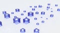 Three dimensional blue cubes scattered on white background with grid pattern representing data network Royalty Free Stock Photo
