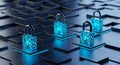 Three dimensional blue cyber security padlock icons on digital circuit board representing data protection and encryption Royalty Free Stock Photo