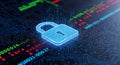 Digital security concept with glowing padlock icon over futuristic circuit board and data streams Royalty Free Stock Photo