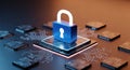 Digital security concept with glowing blue padlock icon on computer processor chip circuit board Royalty Free Stock Photo