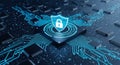Digital security shield icon with glowing circuit board design representing cyber protection and data safety Royalty Free Stock Photo
