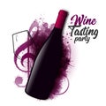 Three-dimensional bottle illustration, wine glass and music symbol. Artistic illustration with red wine stains in the background Royalty Free Stock Photo