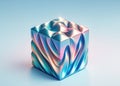 A three-dimensional cube from a neon holographic material on light blue background